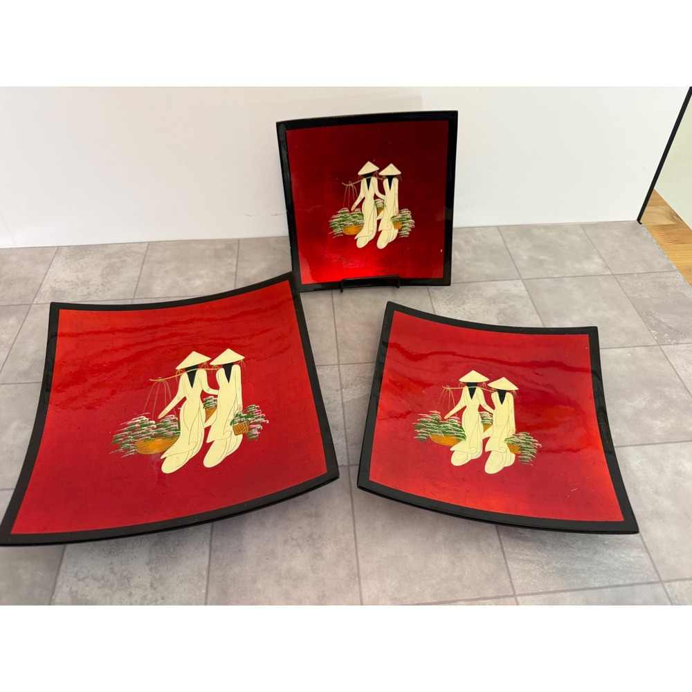 Indochina Travel Company Vietnamese Lacquerware Red Black Square Plates Set of 3